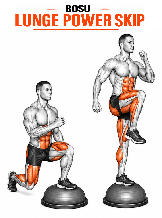 Illustrated guide to the BOSU Lunge Skip exercise