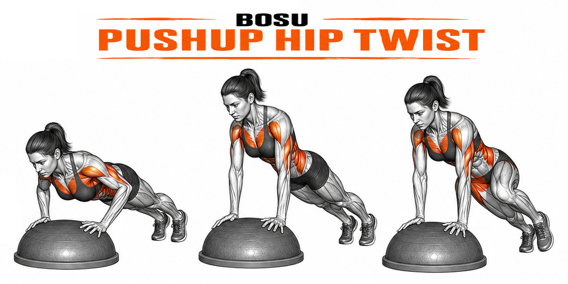 Illustrated guide to the BOSU Pushup Hip Twist exercise