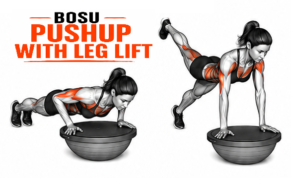 Illustrated guide to the BOSU Pushup with Leg Up exercise