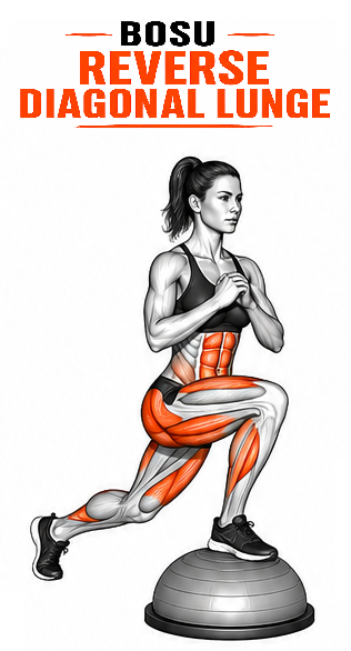 Illustrated guide to the BOSU Reverse Diagonal Lunge exercise