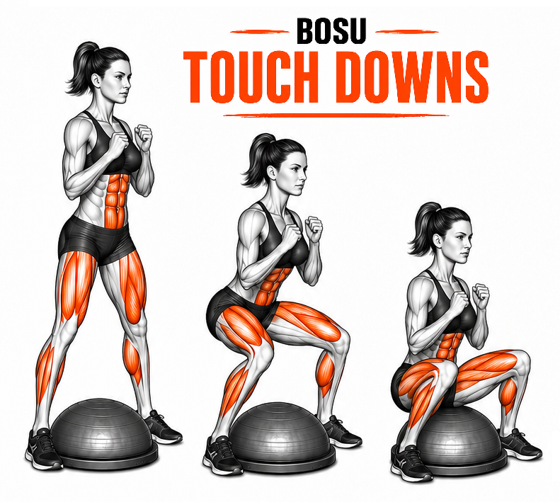 Illustrated guide to the BOSU Touch Downs exercise