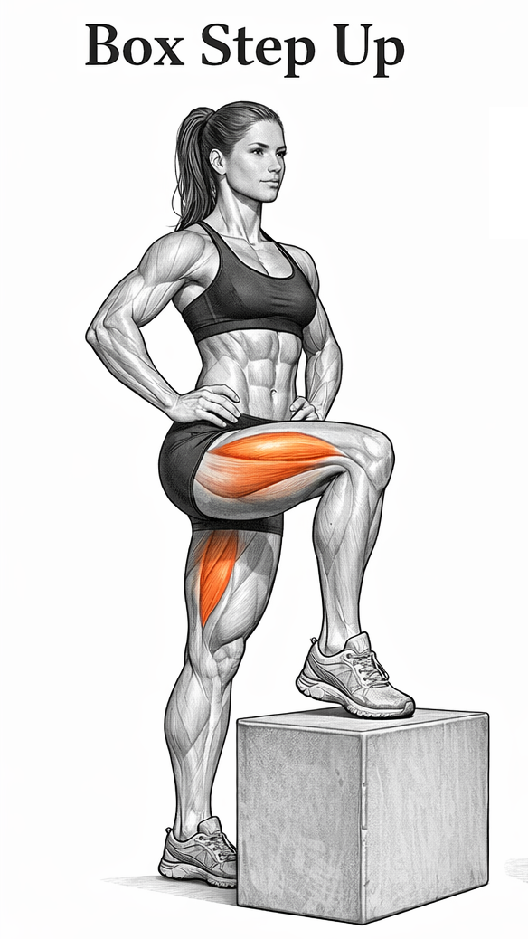 Illustrated guide to the Box Step Up exercise