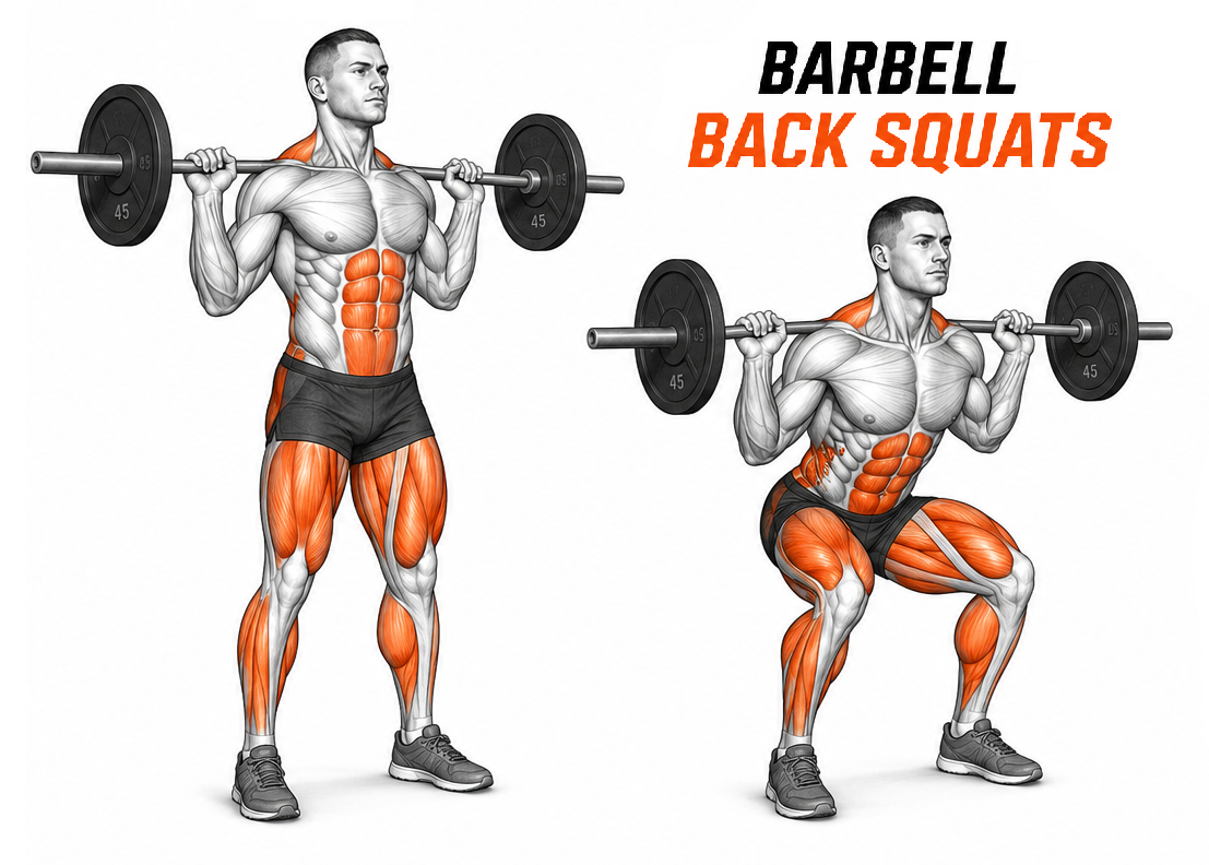 Illustrated guide to the Barbell Back Squats exercise