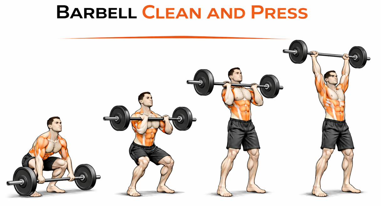 Illustrated guide to the Barbell Clean and Press exercise