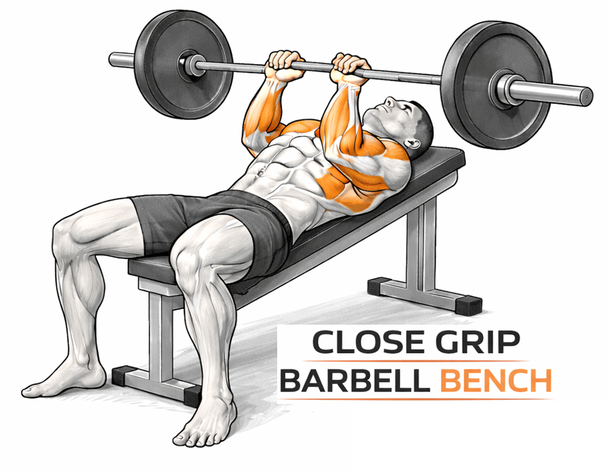 Illustrated guide to the Barbell Close Grip Barbell Bench exercise