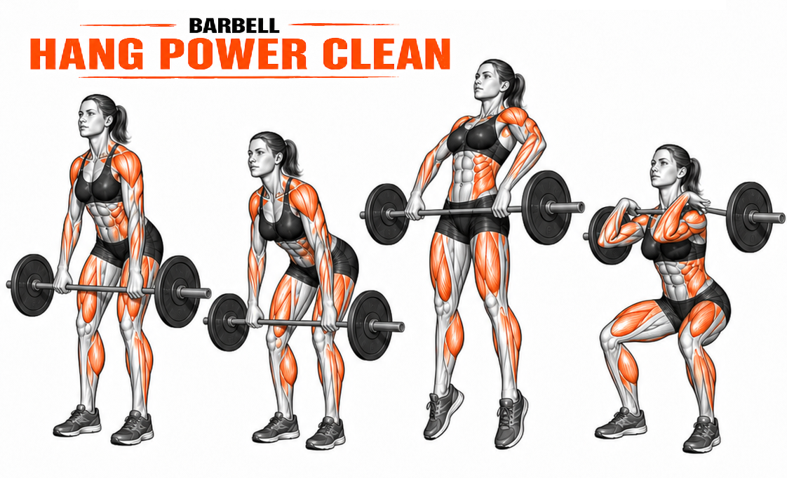 Illustrated guide to the Barbell Hang Power Clean exercise