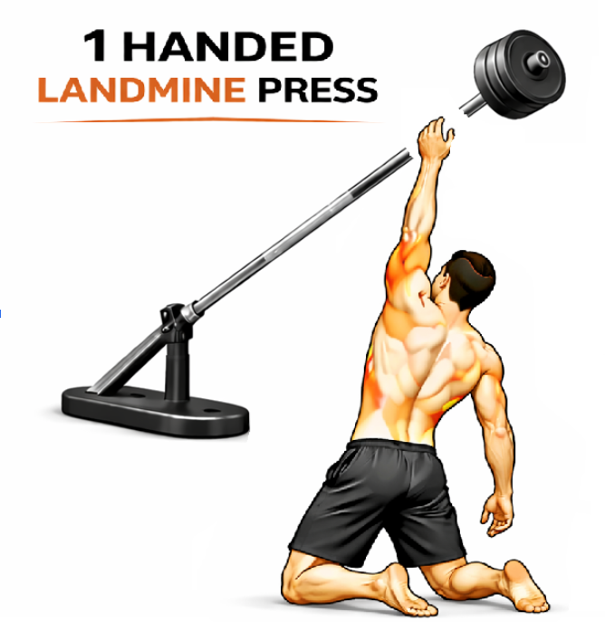 Illustrated guide to the Barbell Landmine 1 Handed Press exercise