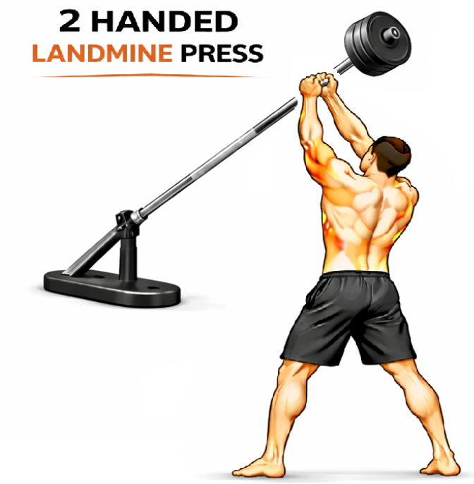 Illustrated guide to the Barbell Landmine 2 Handed Press exercise