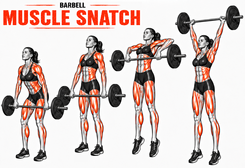 Illustrated guide to the Barbell Muscle Snatch exercise