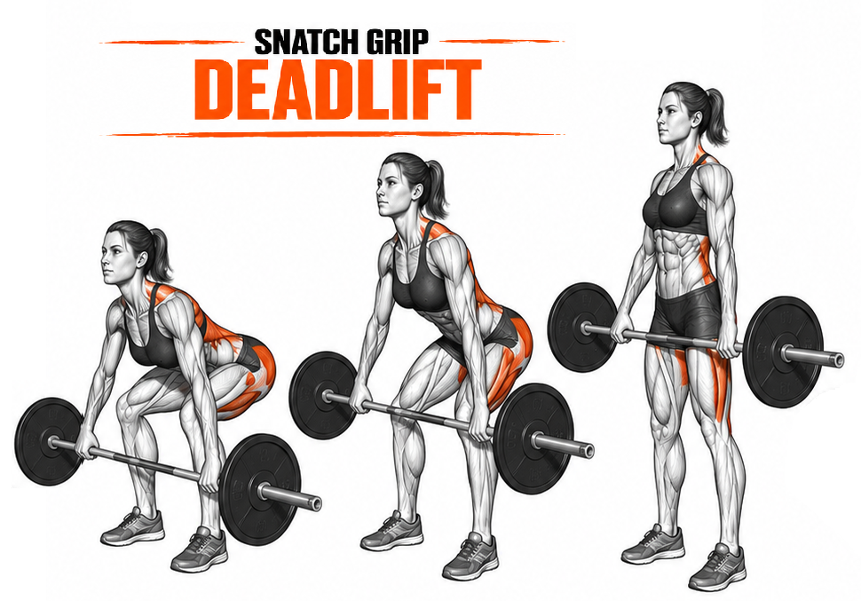 Illustrated guide to the Barbell Snatch Grip Deadlift exercise