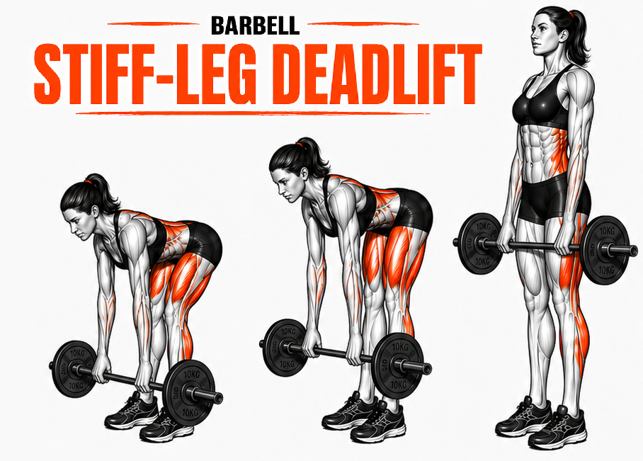 Illustrated guide to the Barbell Stiff-Leg Deadlift exercise