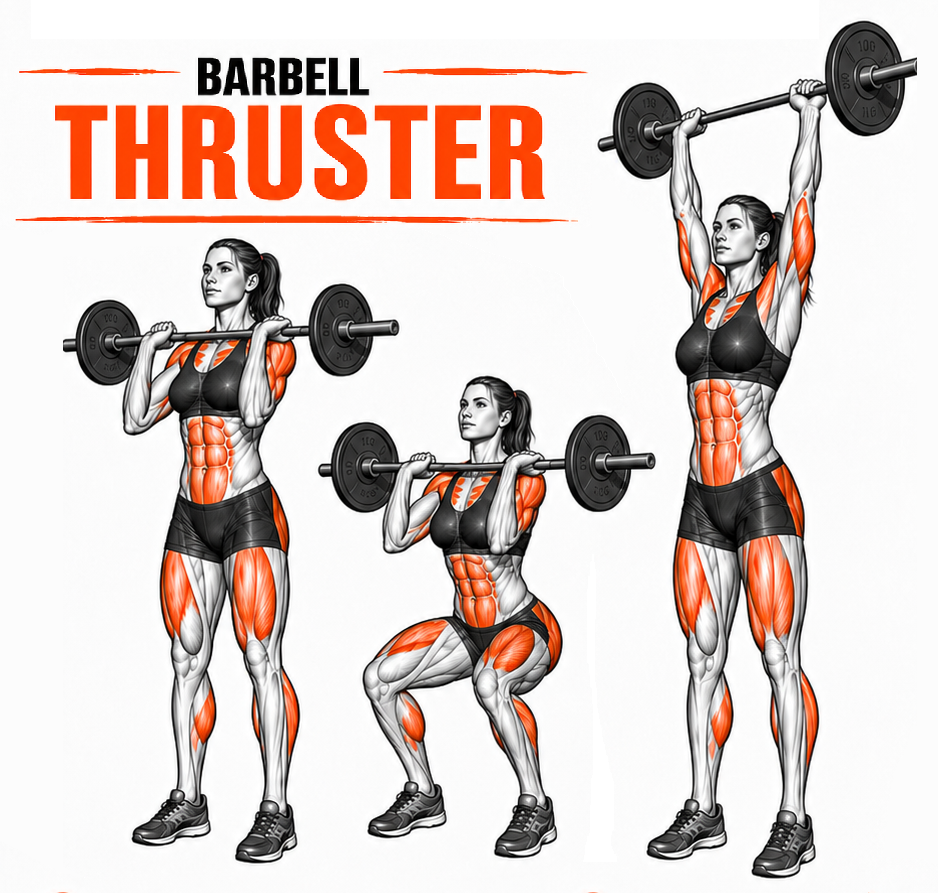 Illustrated guide to the Barbell Thruster exercise