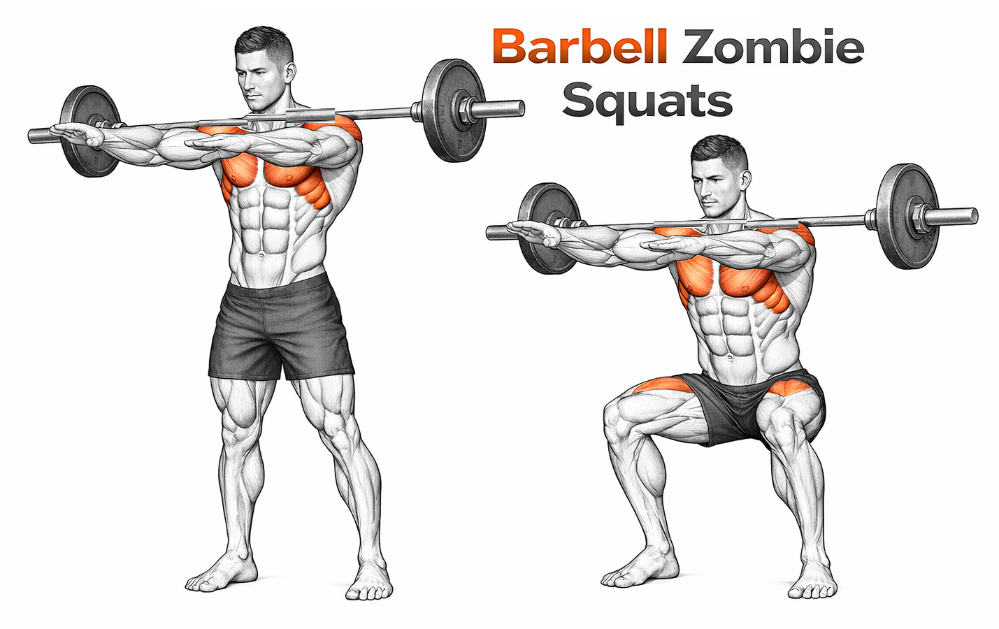 Illustrated guide to the Barbell Zombie Squats exercise