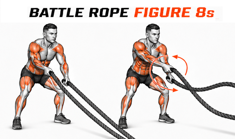 Illustrated guide to the Battle Ropes Figure 8s exercise