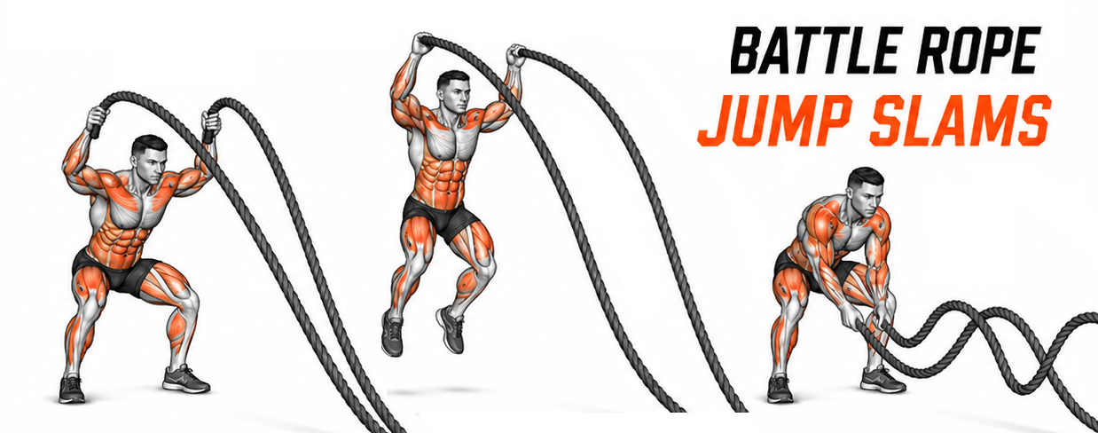 Illustrated guide to the Battle Ropes Jump Slams exercise