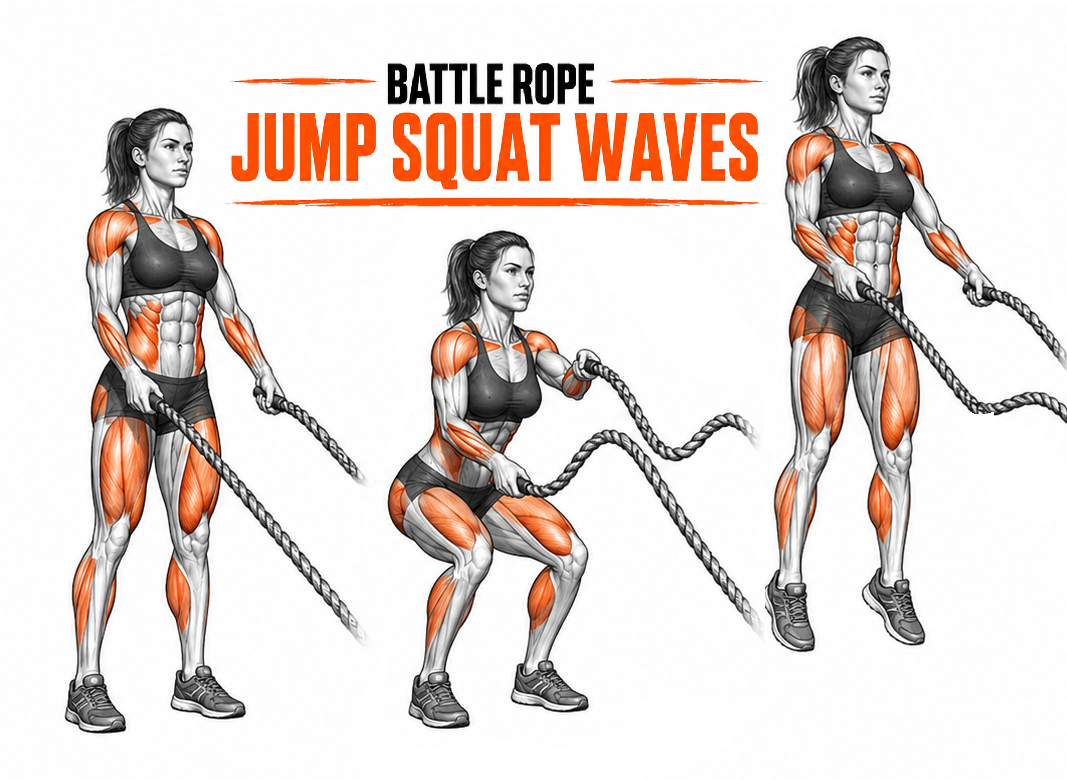 Illustrated guide to the Battle Ropes Jump Squat Waves exercise