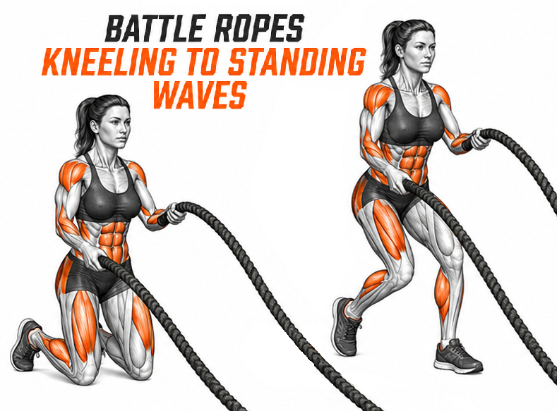 Illustrated guide to the Battle Ropes Kneeling to Standing Waves exercise