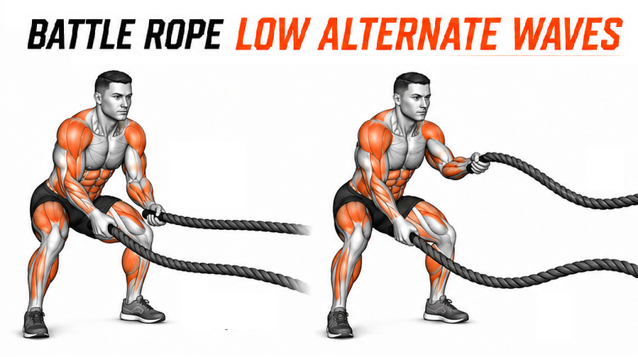 Illustrated guide to the Battle Ropes Low Alternate Waves exercise