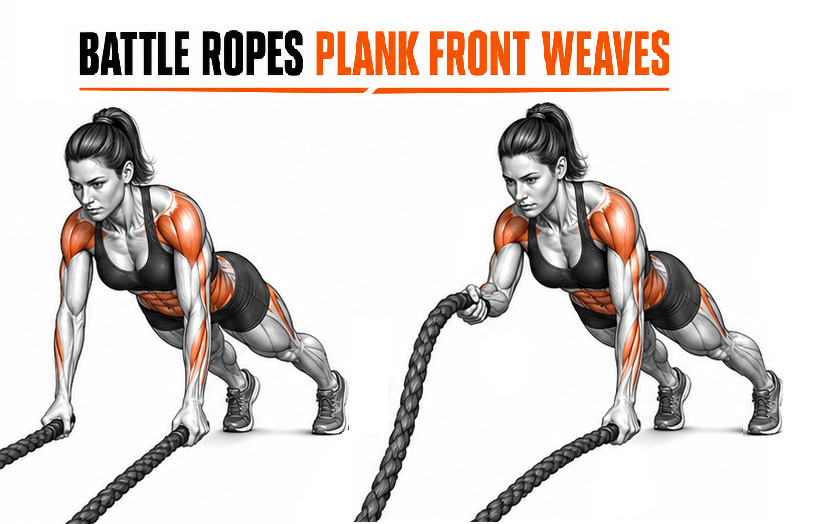 Illustrated guide to the Battle Ropes Plank Front Weaves exercise