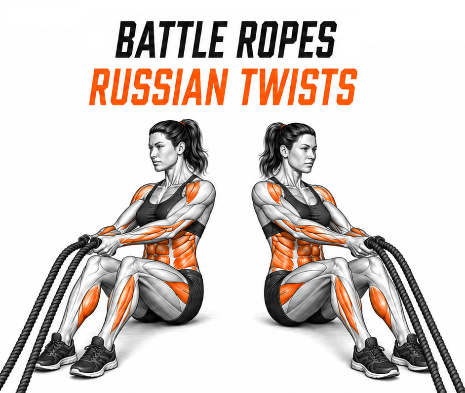 Illustrated guide to the Battle Ropes Russian Twists exercise