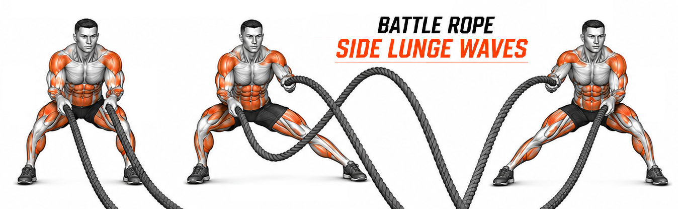 Illustrated guide to the Battle Ropes Side Lunge Waves exercise