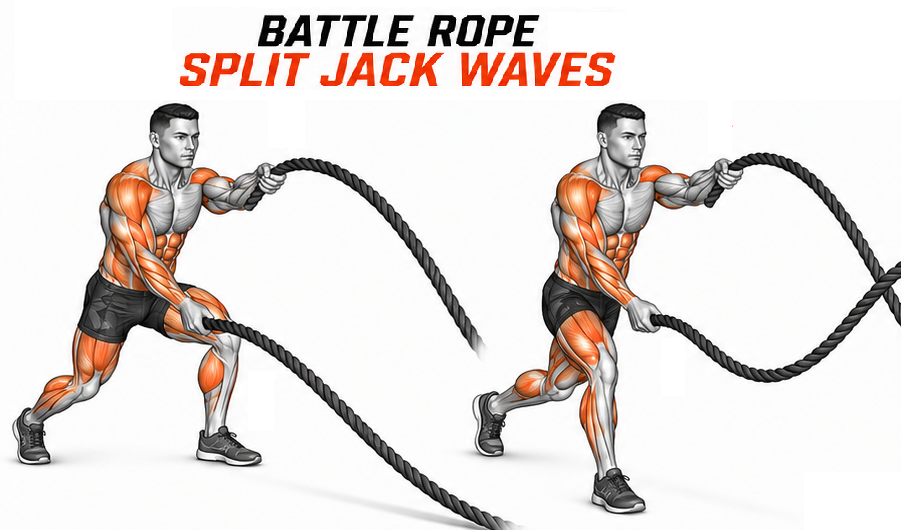 Illustrated guide to the Battle Ropes Split Jack Waves exercise