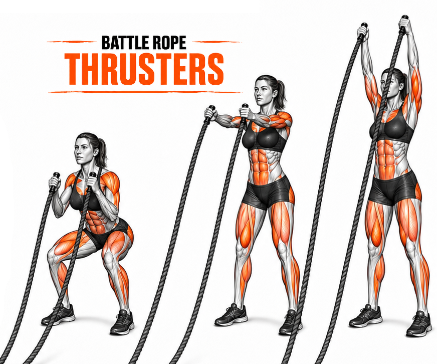 Illustrated guide to the Battle Ropes Thrusters exercise