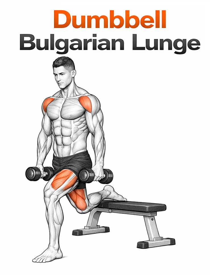 Illustrated guide to the Dumbbell Bulgarian Lunge exercise