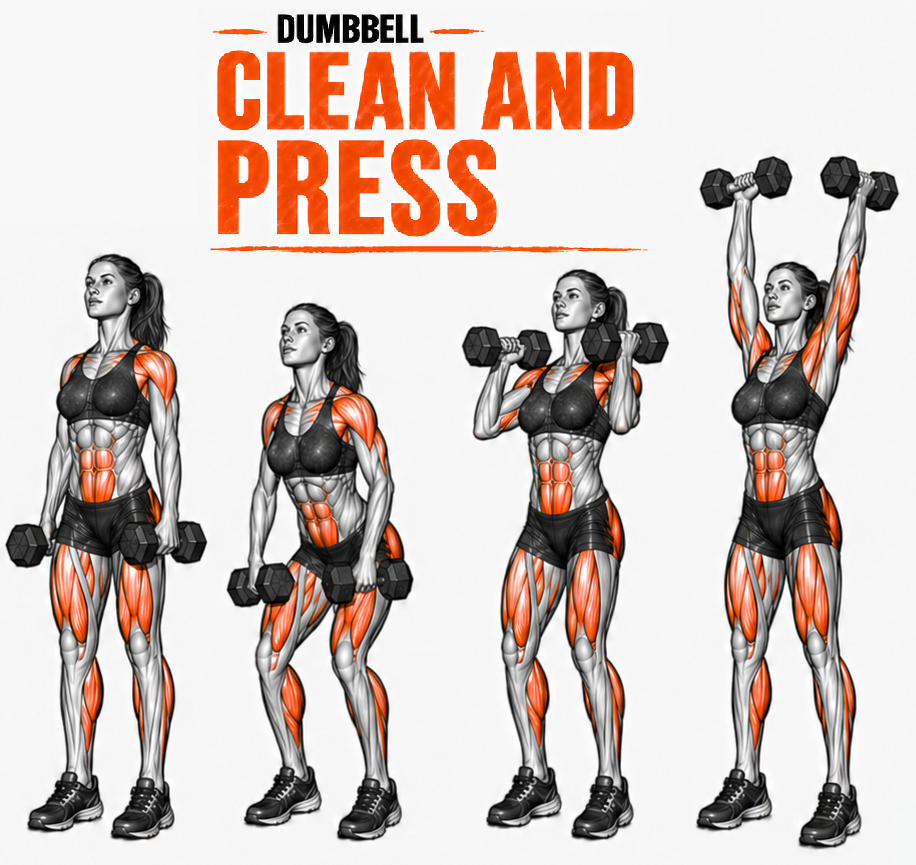 Illustrated guide to the Dumbbell Clean and Press exercise