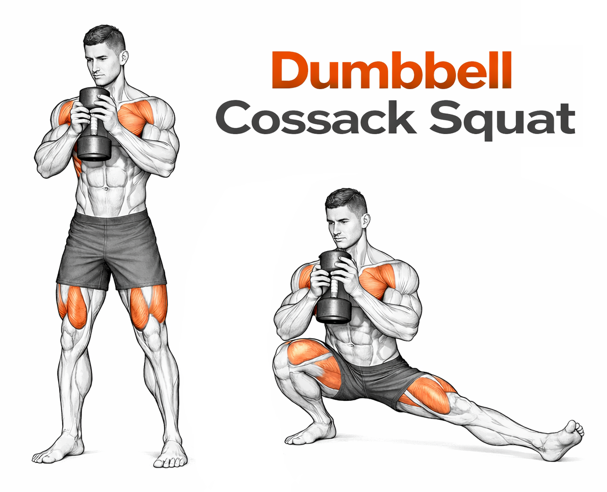Illustrated guide to the Dumbbell Cossack Squat exercise