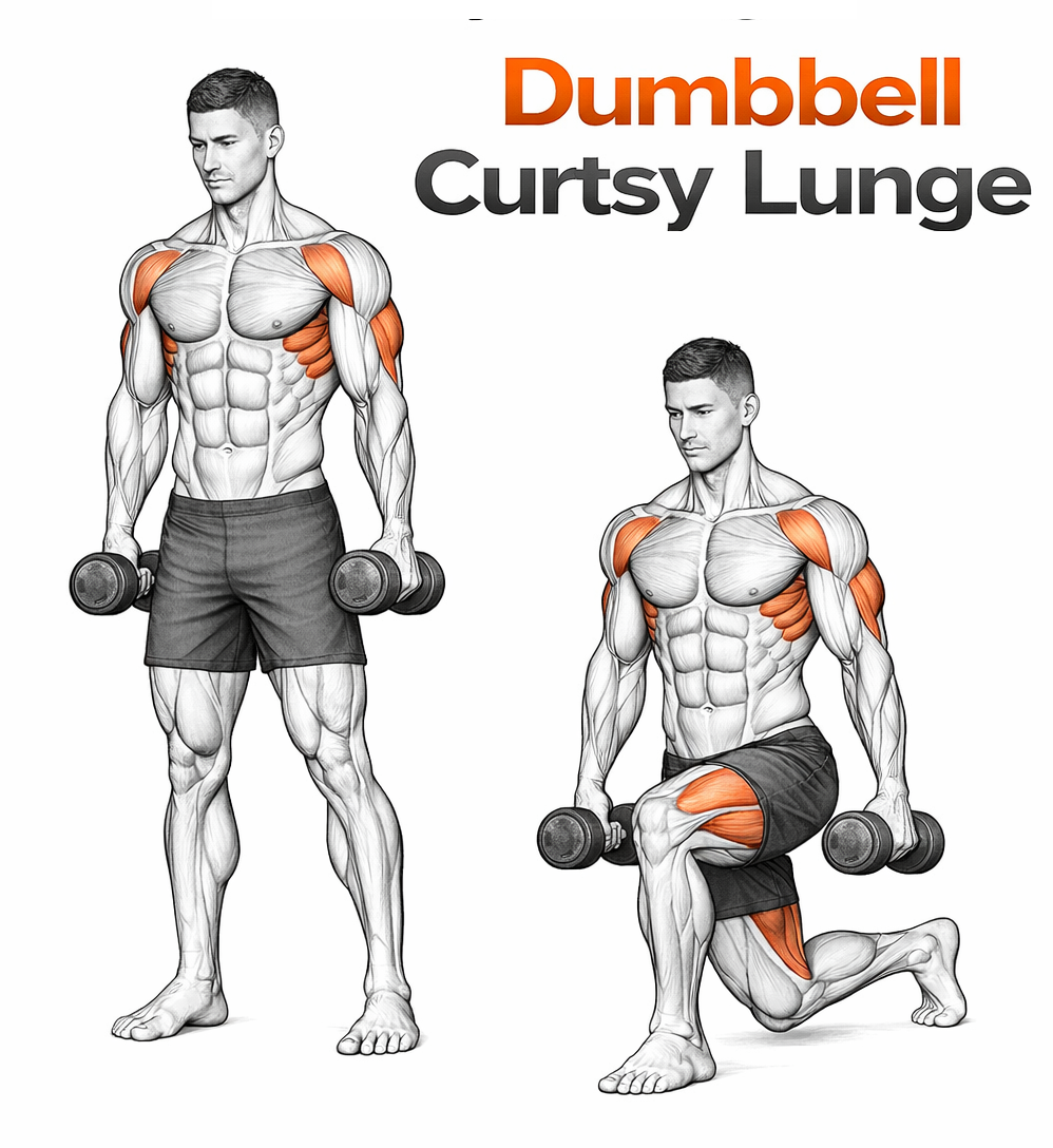 Illustrated guide to the Dumbbell Curtsy Lunge exercise