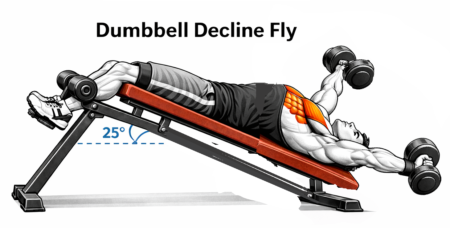 Illustrated guide to the Dumbbell Decline Fly exercise