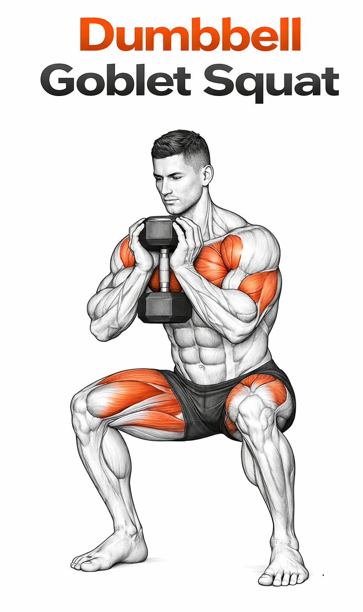 Illustrated guide to the Dumbbell Goblet Squat exercise