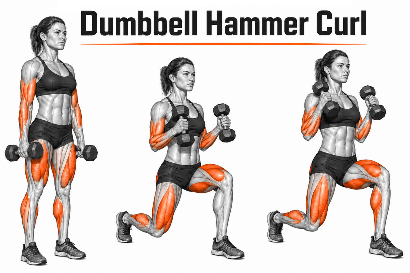 Illustrated guide to the Dumbbell Hammer Lunge exercise