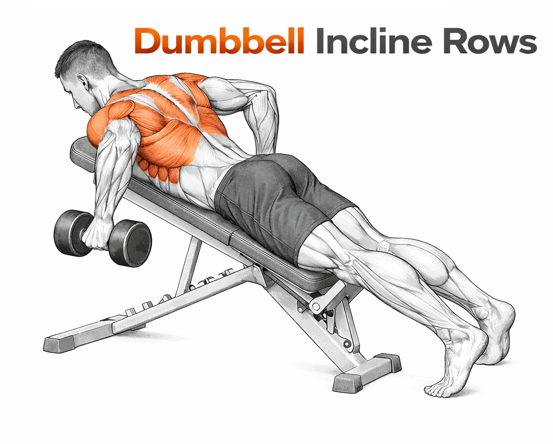 Illustrated guide to the Dumbbell Incline Rows exercise