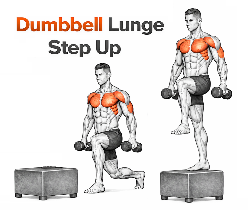Illustrated guide to the Dumbbell Lunge Step Up exercise