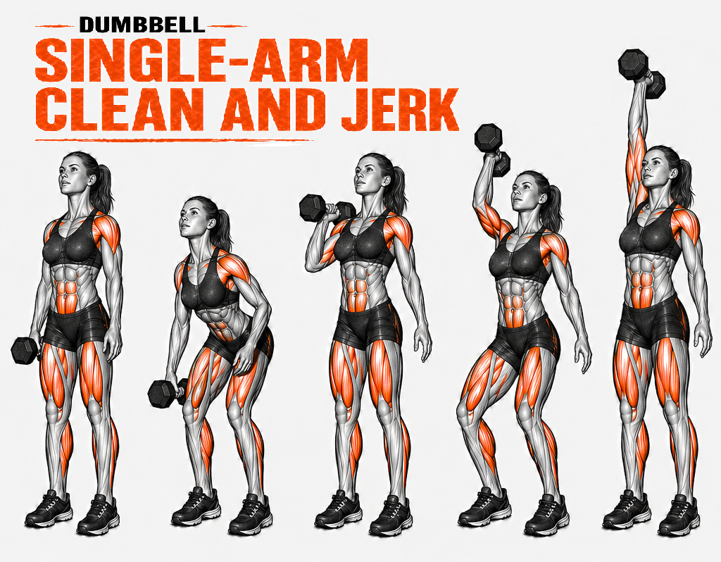 Illustrated guide to the Dumbbell Single Arm Clean and Jerk exercise