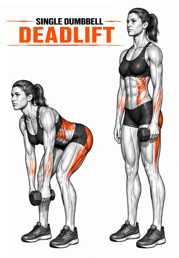 Illustrated guide to the Dumbbell Single Arm Deadlift exercise