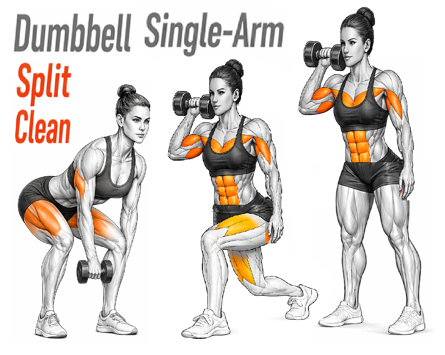 Illustrated guide to the Dumbbell Single Arm Split Clean exercise