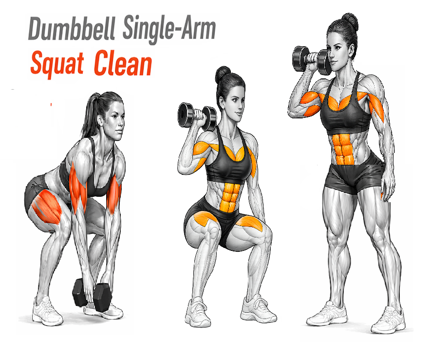 Illustrated guide to the Dumbbell Single Arm Squat Clean exercise