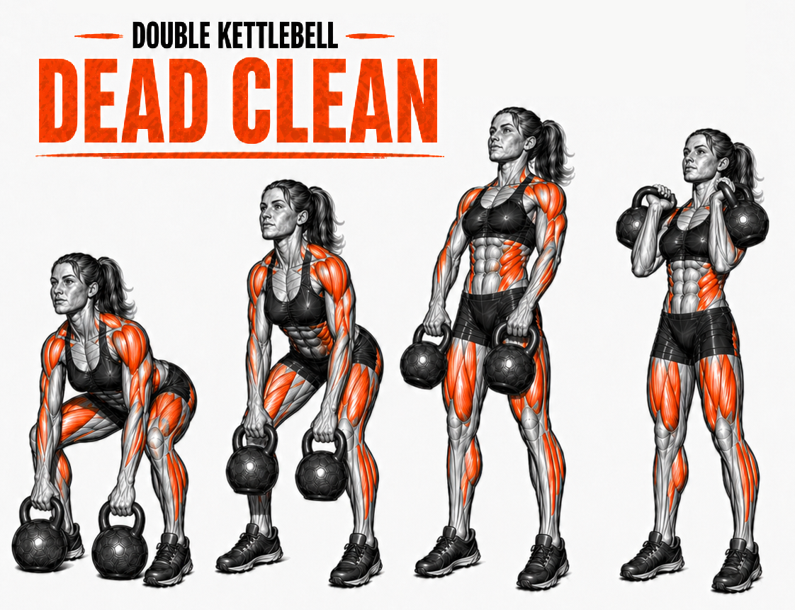 Illustrated guide to the Kettlebell Double Dead Clean exercise