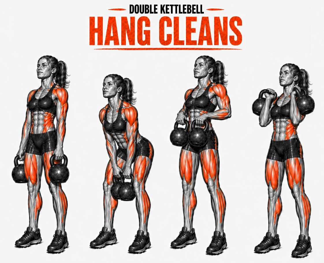 Illustrated guide to the Kettlebell Double Hang Cleans exercise