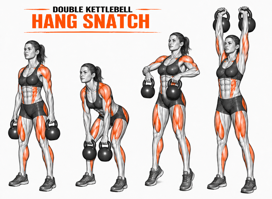 Illustrated guide to the Kettlebell Double Hang Snatch exercise