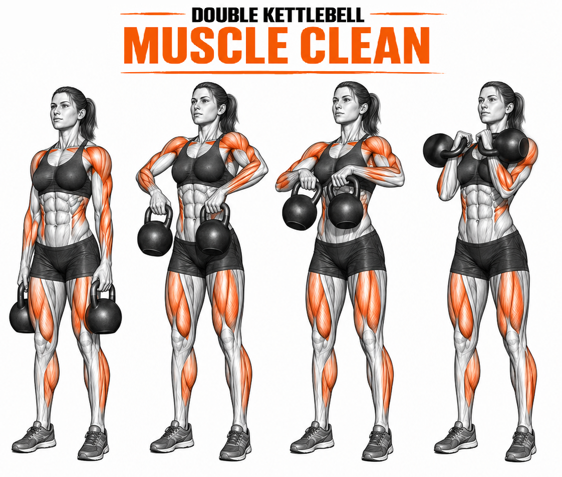 Illustrated guide to the Kettlebell Double Muscle Clean exercise
