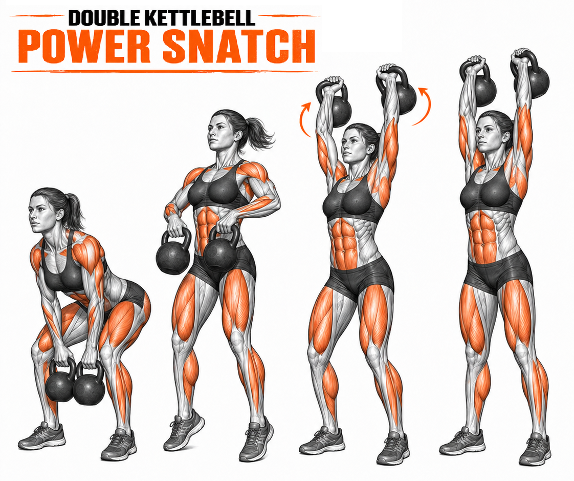 Illustrated guide to the Kettlebell Double Power Snatch exercise