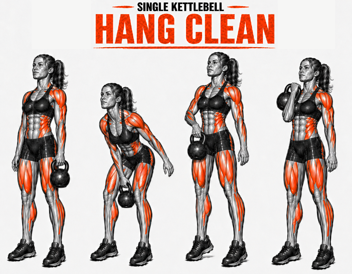 Illustrated guide to the Kettlebell One Arm Hang Clean exercise