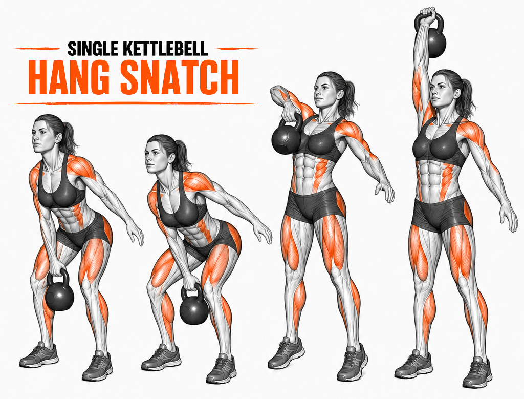 Illustrated guide to the Kettlebell One Arm Hang Snatch exercise