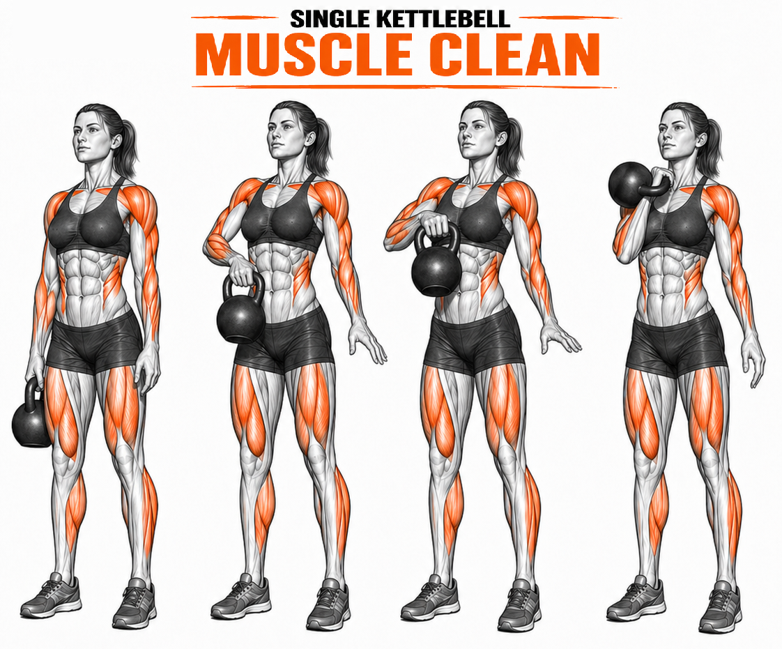 Illustrated guide to the Kettlebell One Arm Muscle Clean exercise