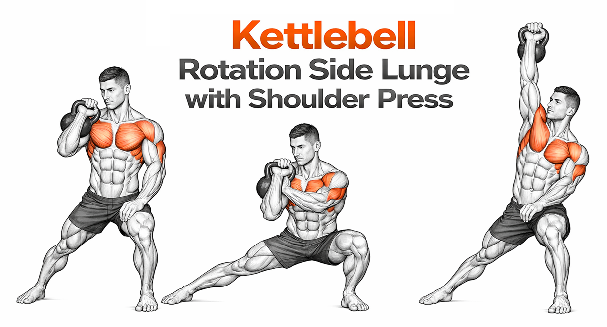 Kettlebell Rotating Side Lunge with Shoulder Press illustration
