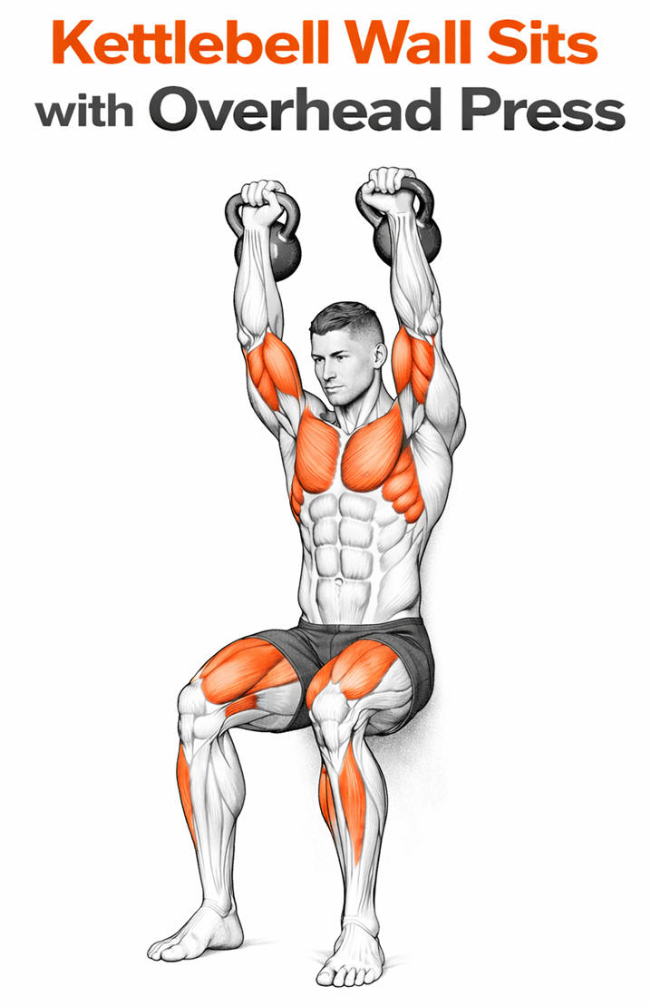 Kettlebell Wall Sits with Overhead Press illustration